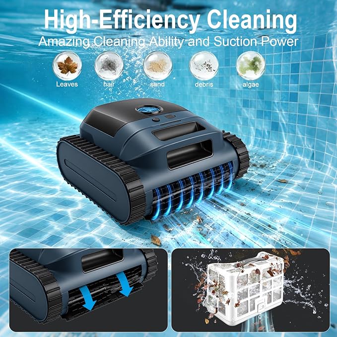 Cordless Robotic Pool Vacuum Cleaner, Intelligent Route Planning, Wall & Waterline Climbing, 120-Min Runtime, for Above Ground/Inground Pools up to 2000 sq. ft, APP Support,Blue