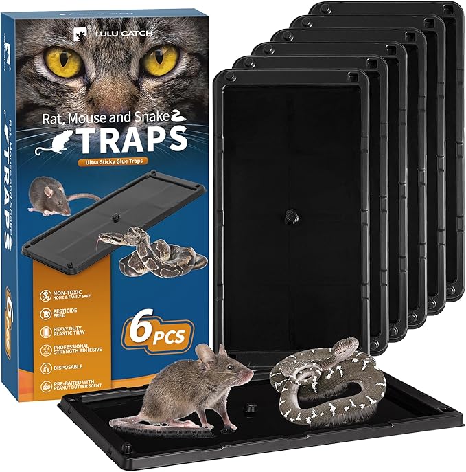 LULUCATCH Mouse Traps, 6 Pack Large Glue Traps Mouse Traps Indoor for Home, Pre-Baited Non-Toxic Bulk Glue Boards for Mice, Snakes, Rat, Lizard, Cockroach & Spiders, Pet Safe, Easy to Use