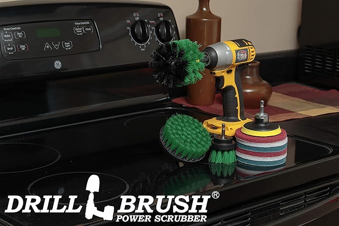 Drillbrush Kitchen Cleaning Supplies - Whole Household Scrubbing Pads and Medium Stiffness Brushes - Stove Top and Oven Rack Cleaning Brush Kit - Sink, Tile, Laminate, Vinyl, Pan, Countertop Scrubber