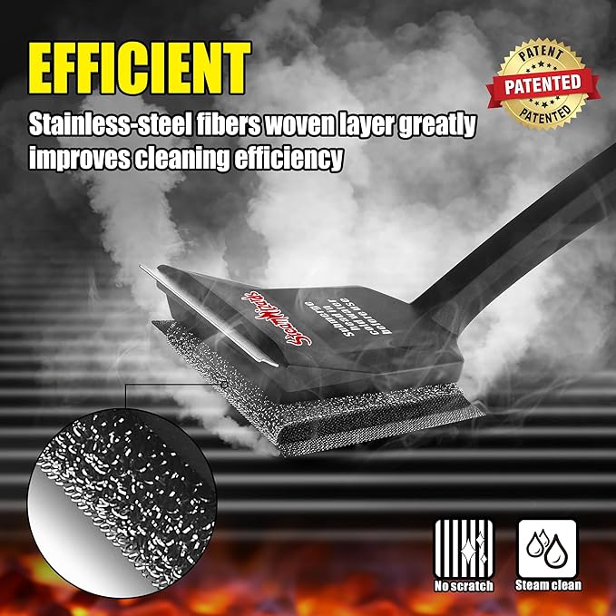 Grill Brush Bristle Free, Steam Clean [Safe & Efficient] Grill Cleaner Brush, for Cast Iron Grates, Dishwasher Safe, BBQ Grill Brush for Outdoor Grill, Black, STEAMWZ-JR0001