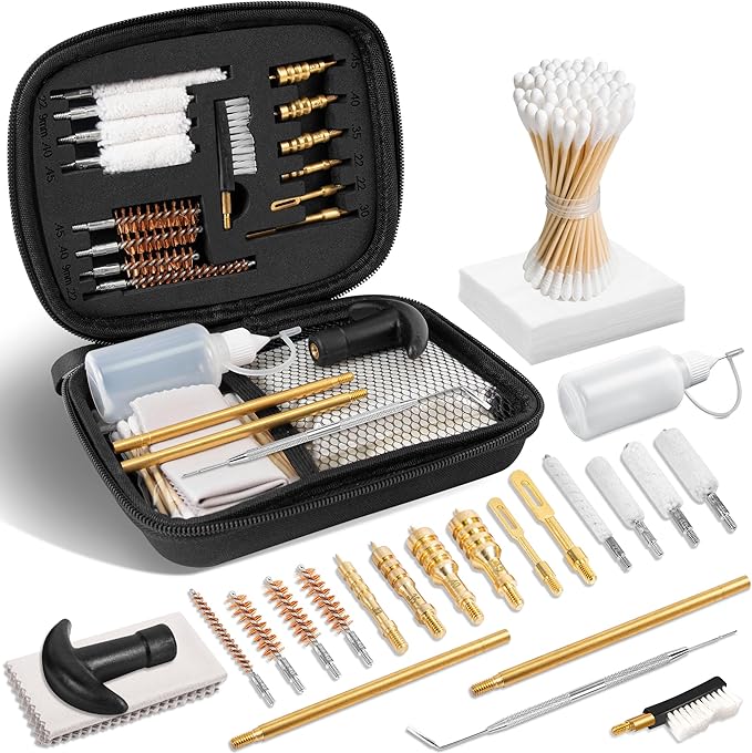GLORYFIRE Universal Gun Cleaning Kit Fits .22 .357/9mm .38 .40 .45 Cal Handguns & Pistols Compact Carrying Case for Portability Multiple Styles with Brass or Plastic Jags & Tips for Shooting and Range
