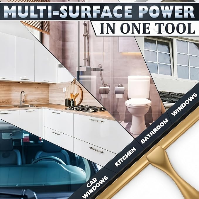 Shower Door Squeegee with Hook - 10" Silicone Blade, Stainless Steel Gold Squeegee for Shower Glass with Adhesive Mount - All-Purpose Bathroom Tile, Mirror, & Window Wiper for Streak-Free Cleaning