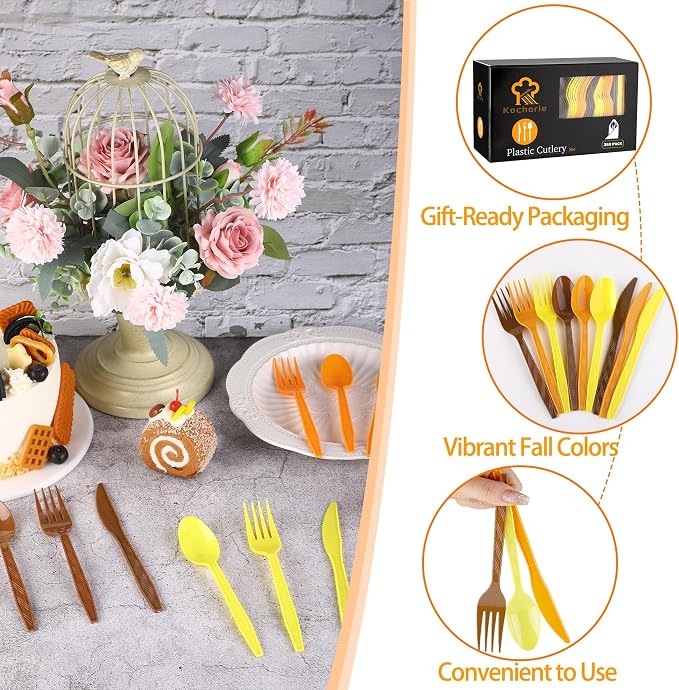 Kochorie 360 Piece Thanksgiving Plastic Cutlery Set Disposable Colorful Plastic Utensils Heavy Duty Flatware Set Include Orange Yellow Brown Knives Forks Spoons for Thanksgiving Party Wedding Birthday