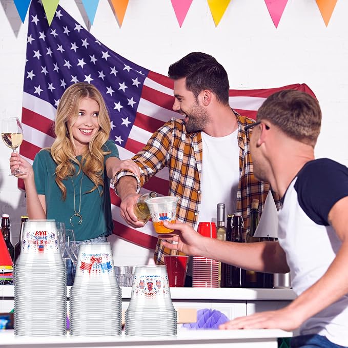 Tanlade 200 Pcs 4th of July Plastic Cups 12 oz Patriotic Red White and Blue Cups Disposable American Flag Design 250th Anniversary Party Supplies for Fourth of July Independence Day Decorations