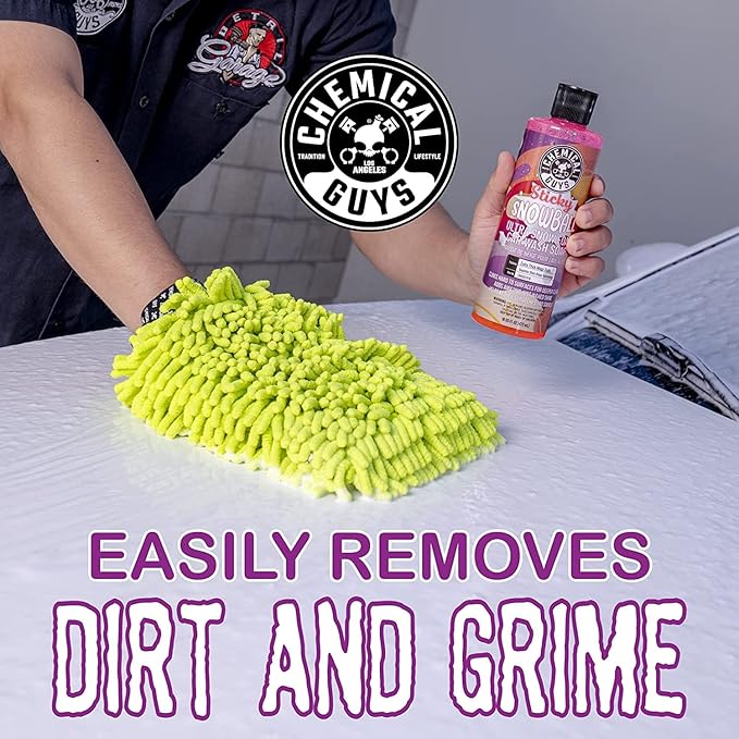 Chemical Guys CWS21564M Car Wash Starter Bundle - Sticky Snowball Ultra Snow Foam Car Wash Soap, 64 oz (.5 Gallon) Cherry Scent + Green Chenille Wash Mitt (2 Items) Works on Cars, Trucks, SUVs, & More