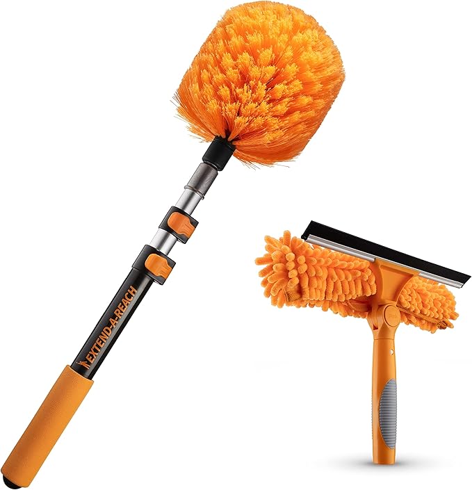 1.5-to-4 ft Cobweb Duster & Window Squeegee with Extension Pole // Spider Web Cleaner Cobweb Brush for Outdoor & Indoor Web Cleaning // Lightweight & Sturdy Telescopic Pole