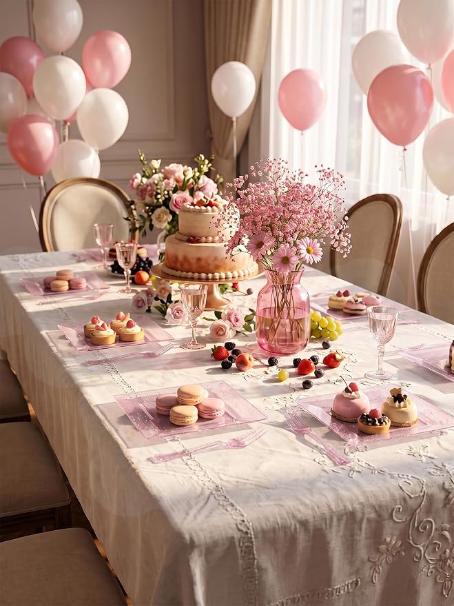 DaYammi 200 Pcs Pink Dessert Plates Including 100Pcs Appetizer plates 6'',100Pcs Plastic Forks 5.7'',Rose Glitter Plastic Square Plate for Wedding,Pink Cake plates and forks for Party Bridal Shower