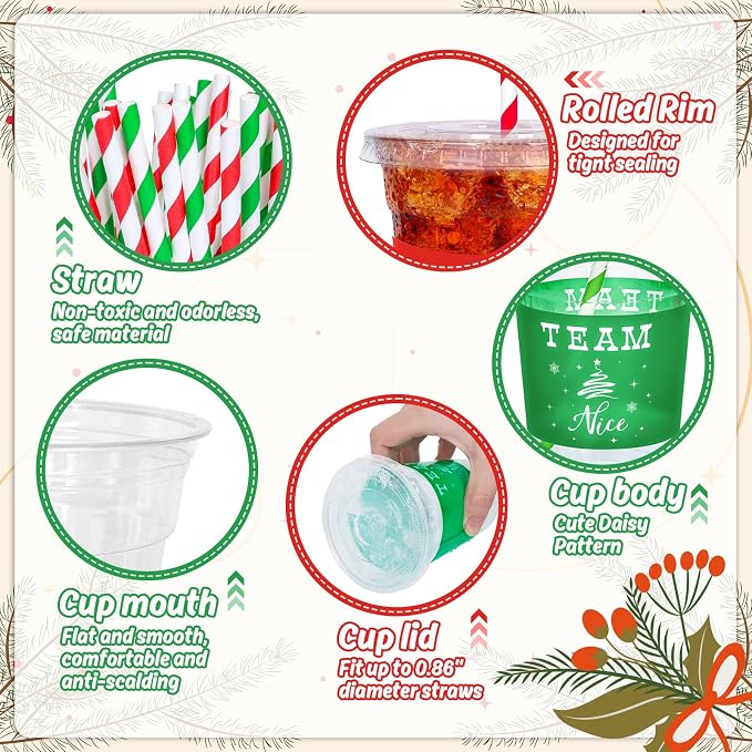 JarThenaAMCS 50 Pcs 12oz Christmas Plastic Cups with Lids and Straws Red Green Team Naughty or Nice Xmas Disposable Party Cups for Beverages Drinks Holiday Party Supplies