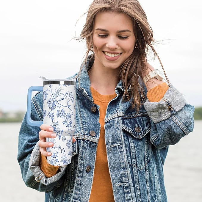 Ceovfoi 40 Oz Boho Flower Tumbler With Handle, Boho Floral Coffee Travel Mug Cup Water Bottle, Floral Gifts for Women