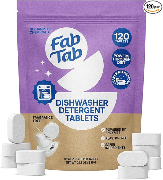 Fab Tab 100% Plastic-Free Dishwasher Detergent Tablets, Clean Ingredients, Fragrance Free, No Residue, Powerful Enzyme-Based Dishwasher Pods, 120 Count.