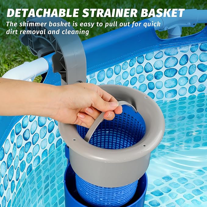 Above Ground Pool Skimmer with 4 Skimmer Socks, Floating Surface Skimmer, Wall Mount Pool Surface Skimmer with Hose and Basket, Attaches to Inflatable Collars, Tubular and Metal Frames (Blue)