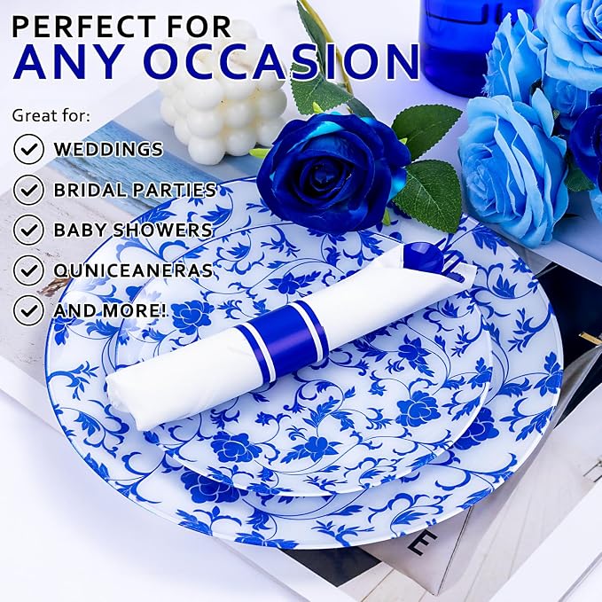 400PCS Pre Rolled Blue Plastic Silverware Sets - Heavy Duty Blue Cutlery - Include 100 Pack Wrapped Disposable Utensils with Napkins for Parties & Weddings & Independence Day & 4th of July