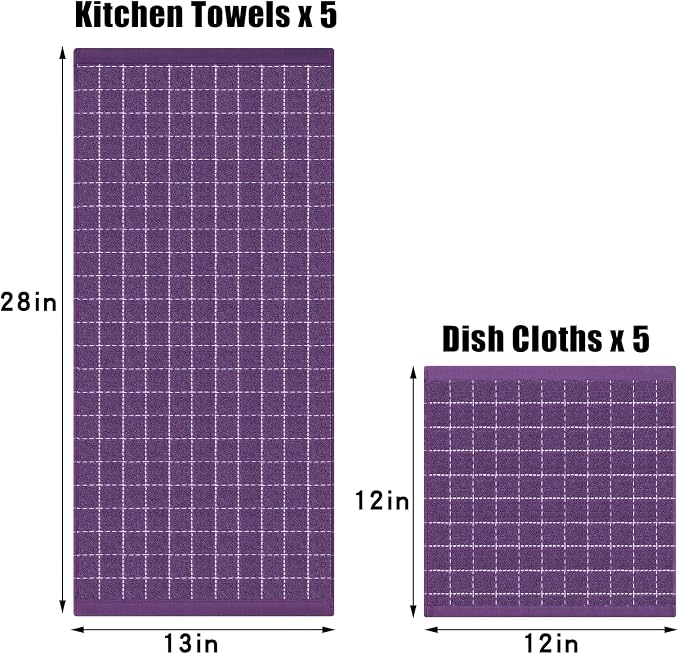 Homaxy Kitchen Towels and Dishcloths Set, 12 x 12 and 13 x 28 Inches, Set of 10 Bulk Cotton Terry Kitchen Towels Set, Checkered Designed, Soft and Super Absorbent Dish Towels, Purple