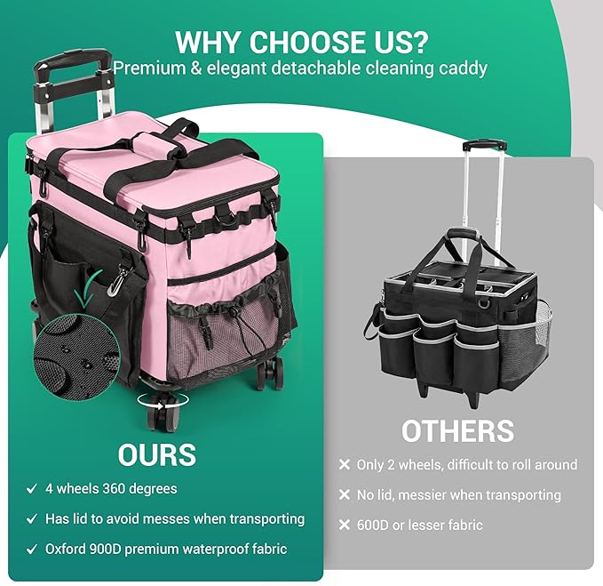 Large Rolling Cleaning Caddy Bag w/Detachable Trolley & Lid - Portable Cleaning Cart on Wheels w/Shoulder Strap & Waist Pouch - Cleaning Supplies & Tool Organizer for Home, Office, Car (Pink)