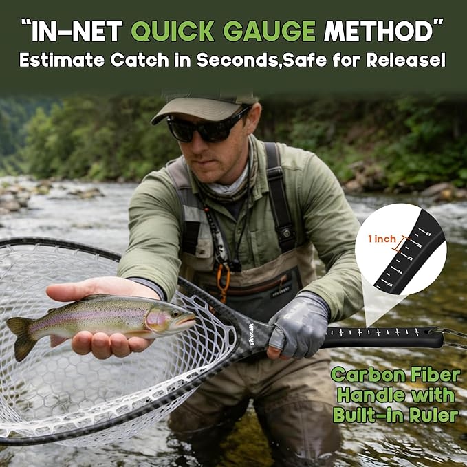 Riverruns Fly Fishing Landing Net Carbon Fiber Trout Net with Measurement Handle, Soft Rubber Mesh - 26" Standard (Wading) / 37" Long (Kayak)