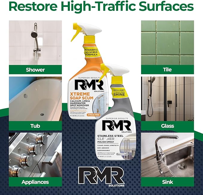 RMR Buildup Breakdown Bundle – Xtreme Soap Scum Remover + Stainless Steel Cleaner Polish, 2-Step Bathroom & Kitchen Cleaning Kit for Shower, Tub, Tile, Glass & Stainless Appliances, 2–32 Oz Bottles