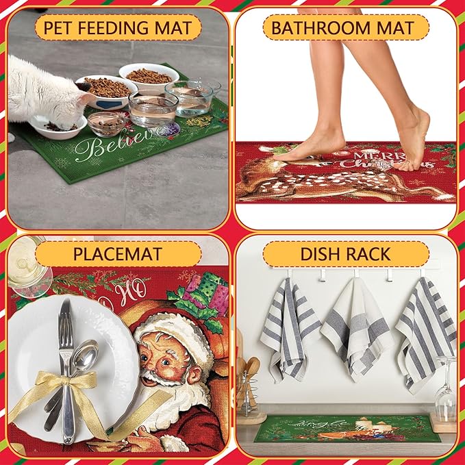 Meanplan Set of 6 Christmas Dish Drying Mats Absorbent Xmas Kitchen Accessories Santa Snowman Rectangle Table Mats Washable Drainer Draining Pad for Kitchen Countertop Tableware Decor 24"x 16"
