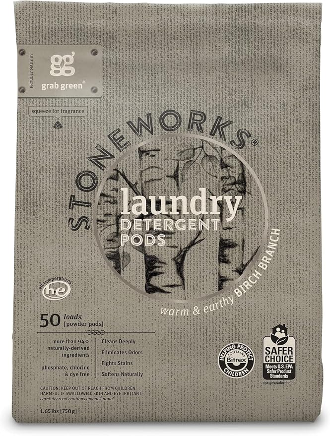 Grab Green Stoneworks Laundry Detergent Pods, 100 Count, Birch Branch | EPA Safer Choice; Plant & Mineral-Based; Fights stains; Eliminates odors; Softens naturally; No Harsh Chemicals