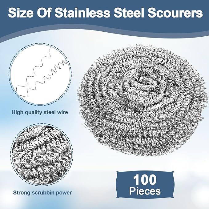 100 Pieces Stainless Steel Scrubber Bulk, 18G Heavy Duty Metal Scouring Pad for Kitchen, Bathroom, Oven, Grill, Pot, Pan Cleaning - Rust Resistant & Reusable