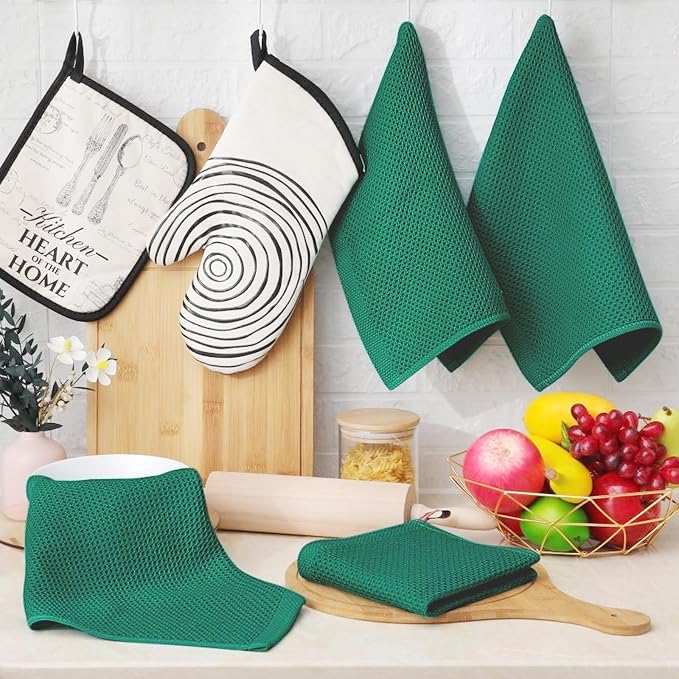 Homaxy 100% Cotton Waffle Weave Kitchen Dish Cloths, Ultra Soft Absorbent Quick Drying Dish Towels, 12 x 12 Inches, 18-Pack, Dark Green