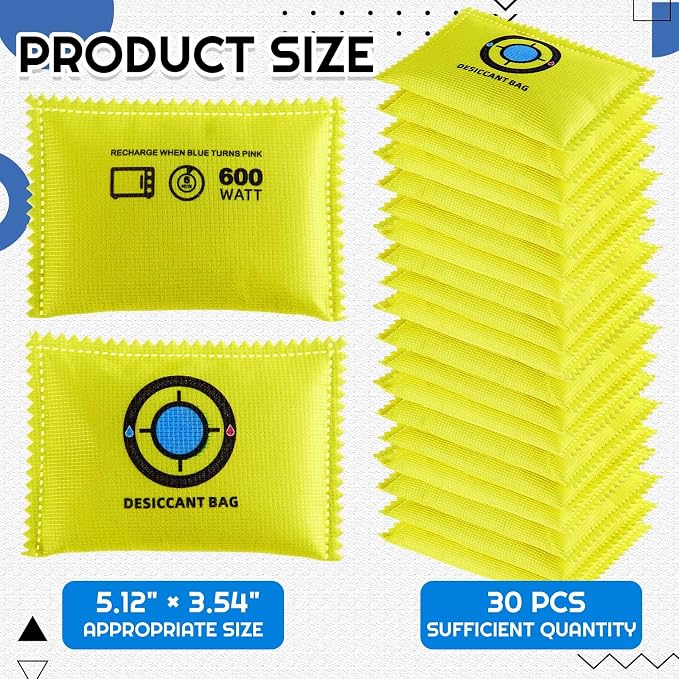 Lounsweer 30 Pack(100g Each) Rechargeable Silica Gel Desiccant Packs with Color Indicator, Reusable Moisture Absorbers for Gun Safes, Closets, Storage Bins, Cars, Luggage, Camper, and Drawers
