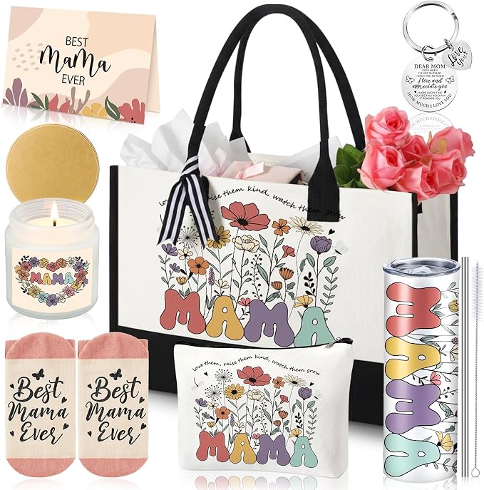 Patelai 7 Pcs Mothers Day Gifts, Mom Birthday Gifts Mothers Day Gift from Daughter Son Child Ideas Basket Gift for Women with 20 oz Cup Tote Bag Makeup Bag for Mother
