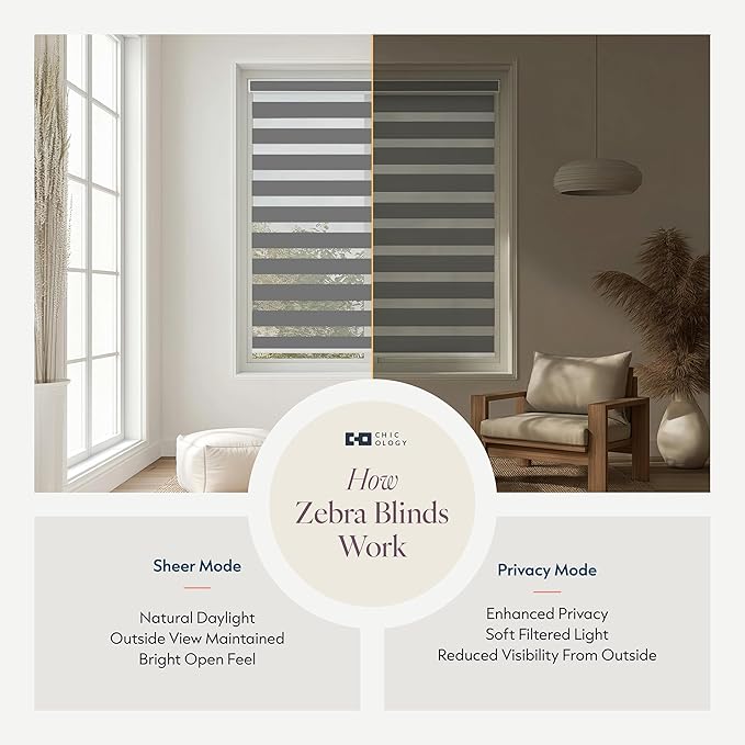 CHICOLOGY Zebra Blinds Cordless Window Shades, Dual Layer Light Filtering Roller Shades for Windows, Sheer Privacy Striped Fabric, Easy Install, 25"W x 72"H, Basic Slate