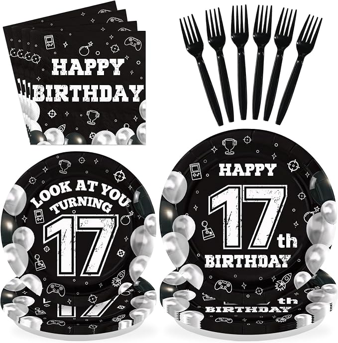 96 Pcs 17th Birthday Decorations for Boys Girls Black White 17th Party Plates Disposable Look At You Turning 17 Paper Tableware Set for 17 Year Old Birthday Party Supplies Serves 24