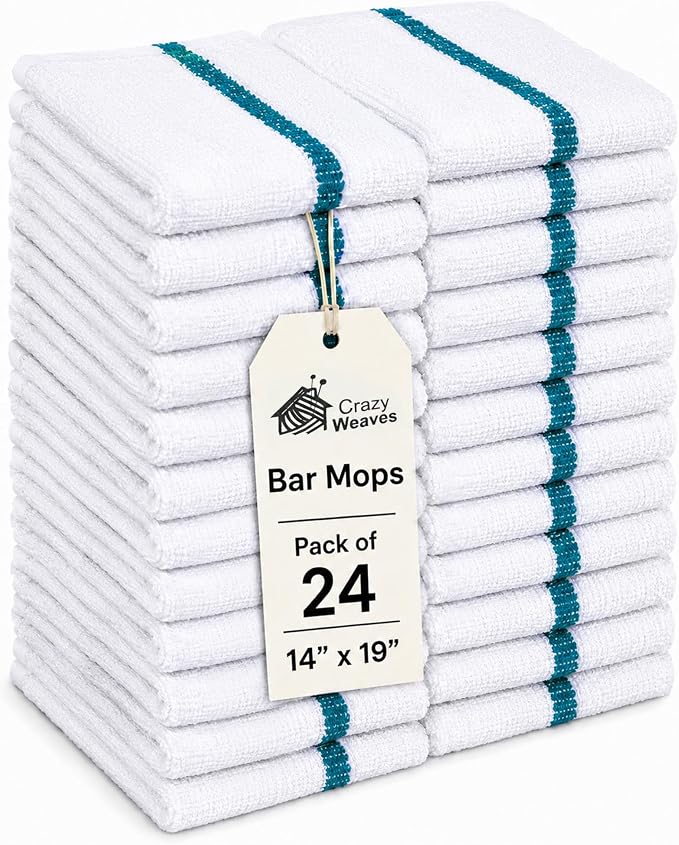 Bar Mops Pack of 24 (14" x 19") - 100% Cotton Cleaning Rags for Housekeeping - Thick, Absorbent & Reusable Bar Towels for Cleaning House & Restaurant - Kitchen Towels Bulk (Green Stripe)