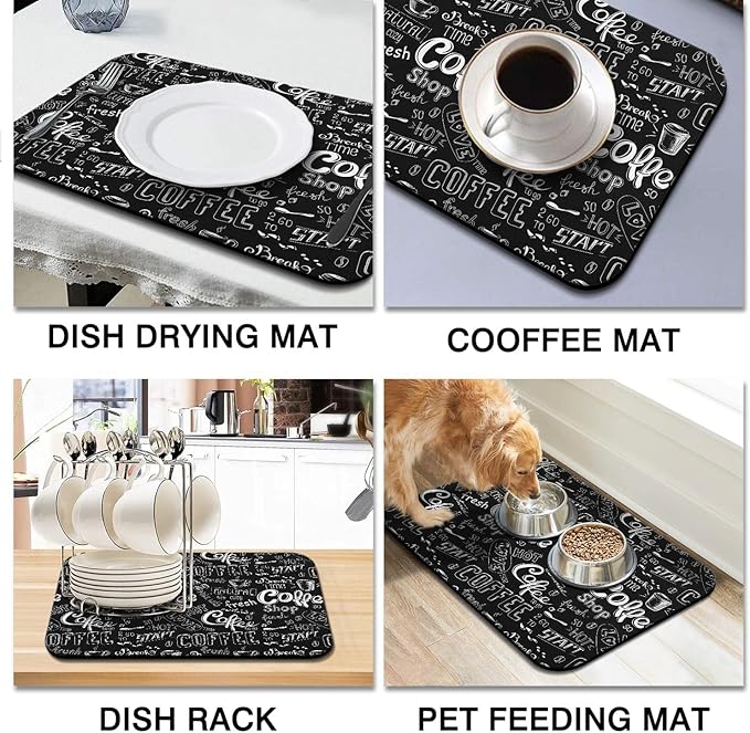 Coffee Bar Mat Accessories for Countertop Super Absorbent Anti-Slip Silicone Dish Drying Mats Kitchen Counter Draining Pad Decor Gift Fit Maker Pot Espresso Machine 24inx18in, (DS)