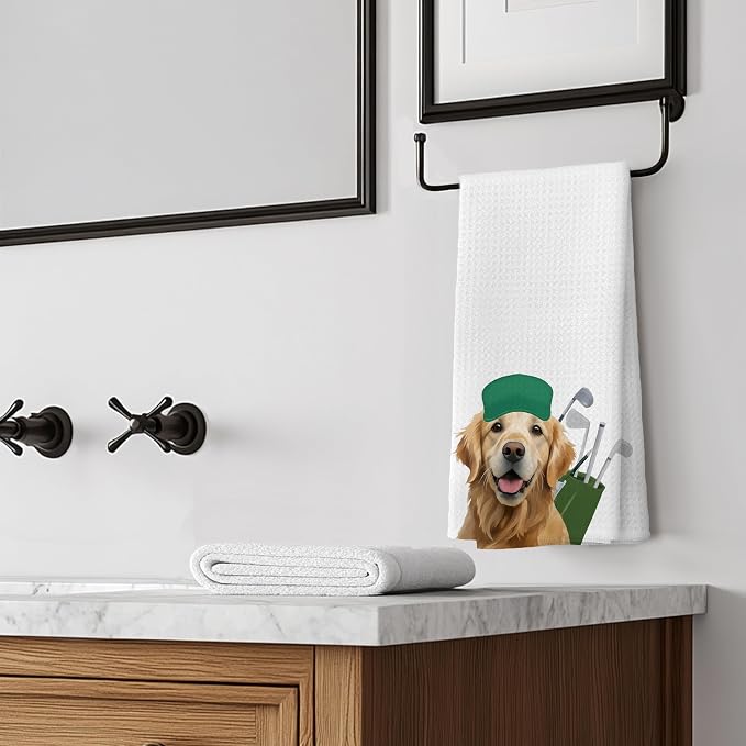 Funny Golden Retriever Golfer Kitchen Towels, Gifts for Golfers Golf Lovers Hand Towels for Bathroom Decor, Golden Retriever Lovers Gifts Dish Tea Towels for Kitchen Decor, 16x24 Inches