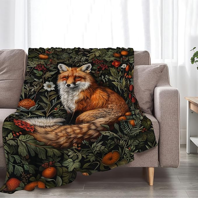 Fox Blanket Vintage Forest Fox Decor Throw Blanket Comfy Plush Flannel Fleece Warm Soft Fluffy Fuzzy Winter Blanket Fox Lover Gifts for Girls Boys Women Teens Adults for Bed Sofa Couch 50"X60"