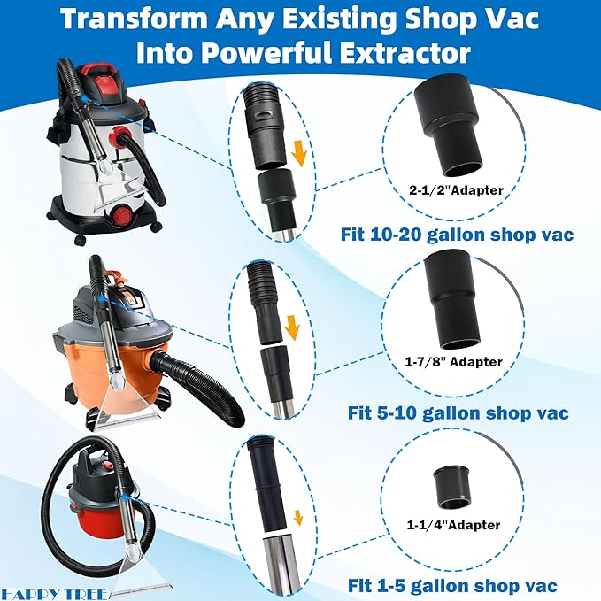 Happy Tree Universal Fit All Brands' Shop Vacs with 2-1/2"&1-7/8"&1-1/4" Adapter Clear Extractor Accessory for Upholstery & Carpet Cleaning & Car Detailing, Shop Vac Extractor Attachment Hose Kit