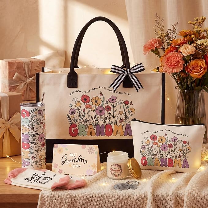 Patelai 7 Pcs Grandma Gifts, Birthday Gifts for Grandma Best Grandmother Gift from Grandkids Grandchildren Thank You Grandmother Set with 20oz Tumbler Tote Bag Candle Socks Makeup Bag Keychain Card