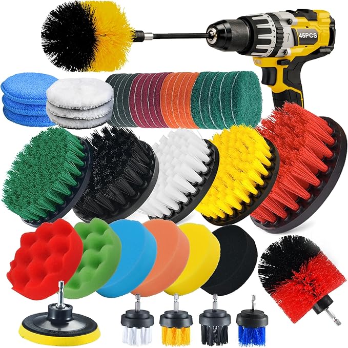 45 Piece Drill Brush Attachment Set, All Purpose Power Clean Scrubber Brush, Scrub Pads & Sponge with Extend Long Attachment for Bathroom, Kitchen,Grout,Tub,Tile,Corners, Auto