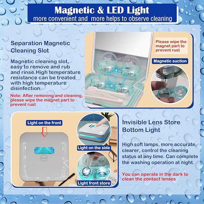 Contact Lens Cleaner Machine EV Pro, Portable Physical Technology Deep Clean with LED Light Tweezer Soak Case Kit, Magnetic Cleaning Slot USB Charger for Long-Term Lens/Colored Lens/Soft Lens
