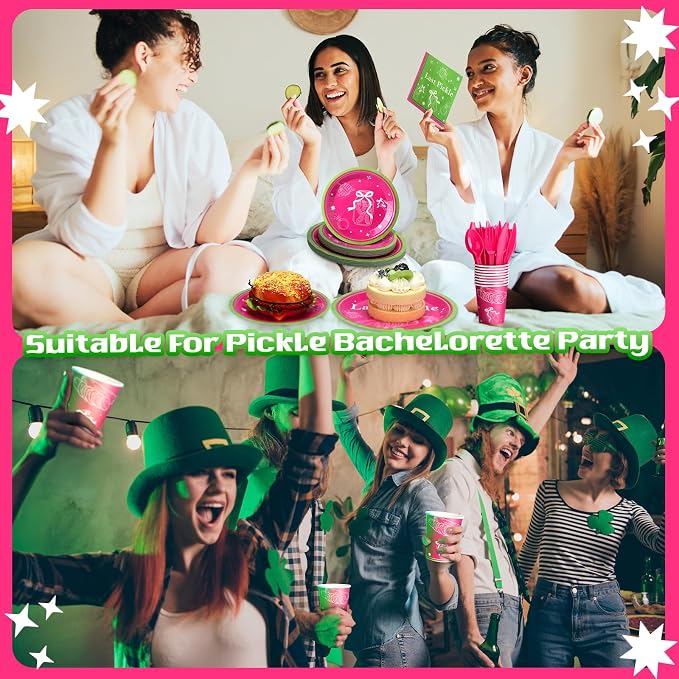 168 Pcs Last Pickle Bachelorette Party Decorations Plates Bow Napkins Party Supplies Funny Pickle Theme Tableware Dinnerware for Bachelorette Birthday Wedding Decor