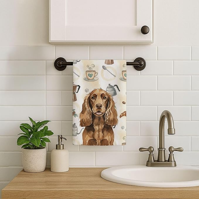 Caroline's Treasures Liver English Cocker Spaniel Coffee Bar Kitchen Towel Velour Plush Front and Cotton Loop Back Machine Washable