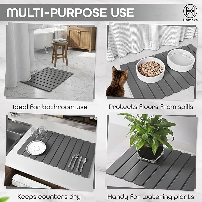Stone Dish Drying Mat 24" x 16" – Dish Drying Stone – Large Diatomaceous Earth Drying Mat with Non-Slip Base – Quick Dry Kitchen & Bathroom Drying Pad for Dishes, Glassware & Bottles (Solid Dark Grey)