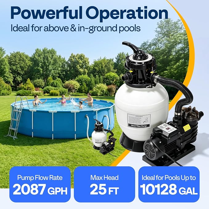 VIVOHOME Upgraded 2087 GPH Sand Filter Pump w/Timer, Fits in/Above Ground Pool Up to 10,000 Gallons, 7-Way Valve with 28.7-Pound Sand Capacity
