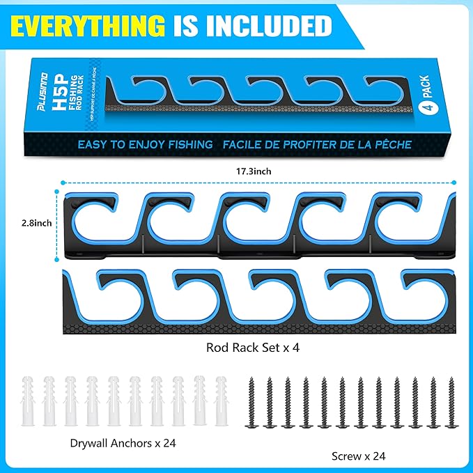 PLUSINNO H5P Fishing Rod/Pole Holders for Garage, Wall or Ceiling Mounted Fishing Rod Holder with Soft Protective Pad, Fishing Rod Storage Organizer Holds up to 5/10/20 Rod or Combos or Nets