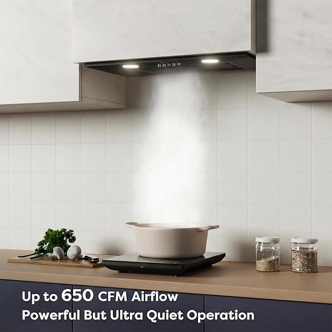 CIARRA Insert Range Hood 20 inch 650 CFM Kitchen Stove Vent Hood with LED Light, 3 Speed Exhaust Fan, Push Button, Black, CAB52913E-N