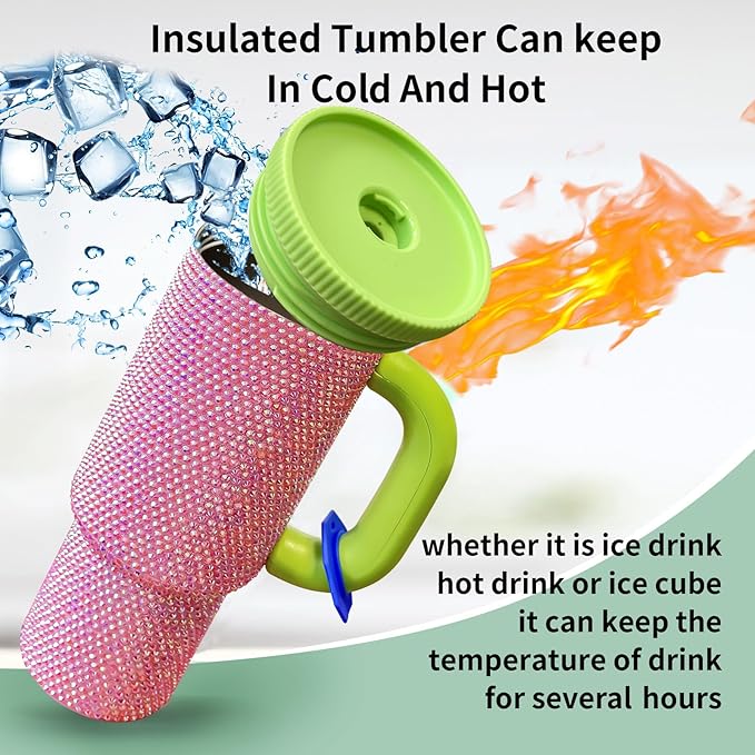 HWISDMIG 40oz Tumbler with Handle-Glitter Rhinestones Tumbler Bling Cups Stainless Steel Water Bottle Diamond Studded Tumbler for Women-Birthday Gifts for Women, Mom, Girlfriend (Fuchsia Flair)