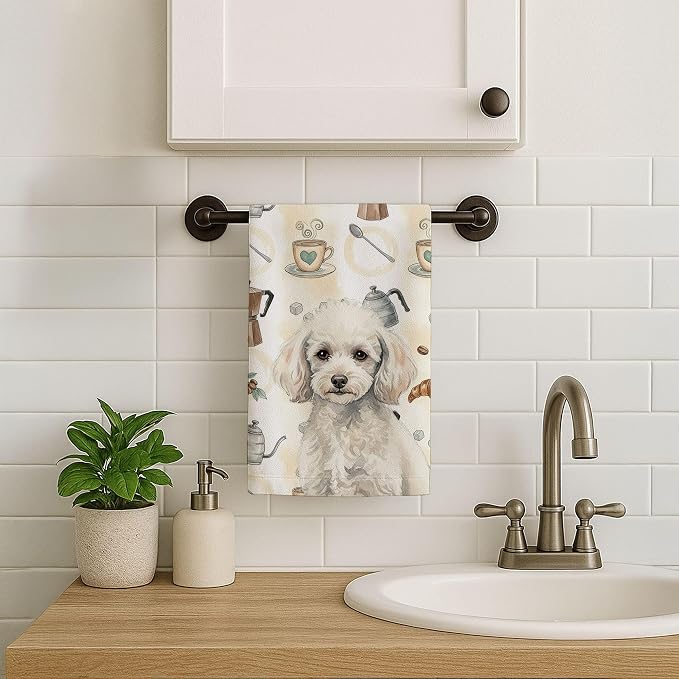 Caroline's Treasures Miniature White Poodle Coffee Bar Kitchen Towel Velour Plush Front and Cotton Loop Back Machine Washable