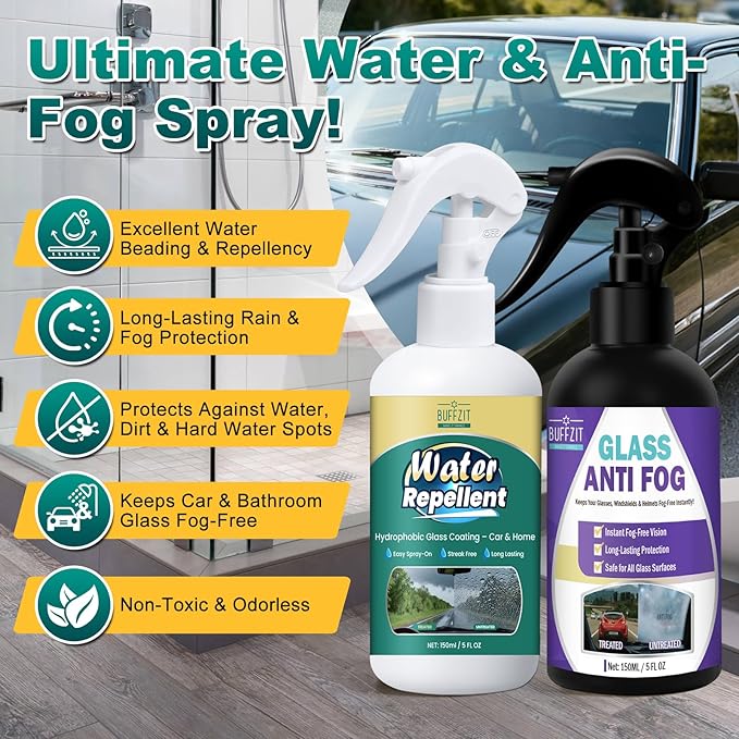 Anti-Fog and Rain-Repellent Spray Kit – Fast-Acting Defogger and Waterproof Spray for Clear Vision, Easy Spray for Car Windshields, Windows, Mirrors, Glasses, Goggles and Helmets (2-Pack)