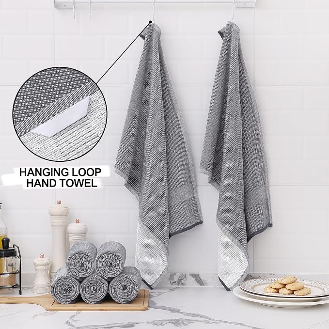 Homaxy Premium Kitchen Towels(18”x 28”, 3 Pack), Large Cotton Kitchen Hand Towels, Flat and Terry Dish Towels, 380 GSM Highly Absorbent Tea Towels Set with Hanging Loop, Grey