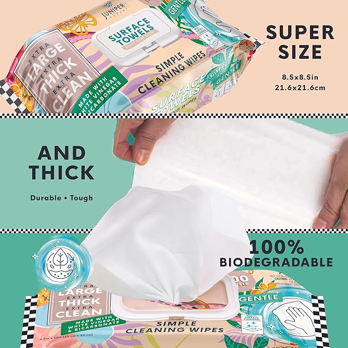 Juniper CLEAN 6 Packs Surface Cleaning Wipes, Thick & Large Dispose, All-Purpose Cleaner for Bathroom, Kitchen, Office, 600 Count Soft Flow, Biodegradable, White Soap Scent