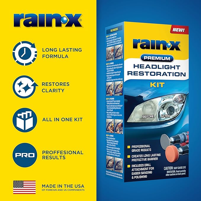 Rain-X 610153 Headlight Restoration Kit - Car Light Lens Cleaner/Restorer with Sanding & Polishing Drill Attachments & Sealant Wipe, Removes Scratches & Oxidation- All in 1 Long Lasting Formula