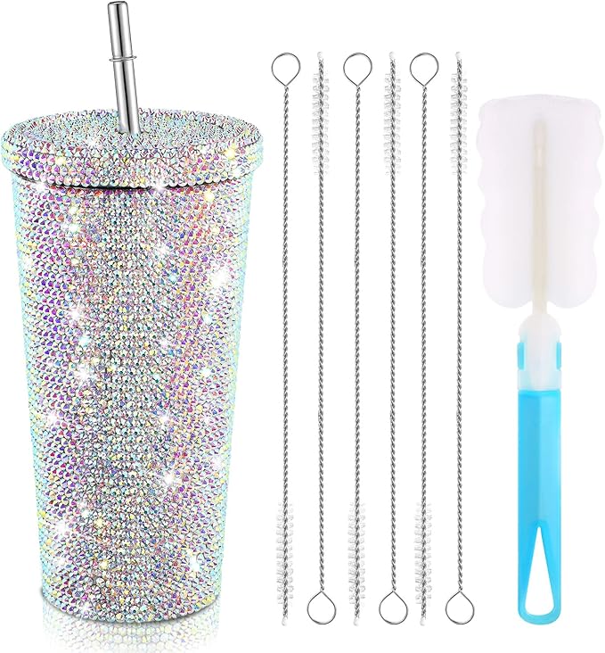 Mimorou Studded Bling Diamond Tumbler Glitter Water Bottle with Lid Stainless Steel Vacuum Thermal Straw Rhinestone Tumbler with 1 Pcs Cup Brush 6 Pcs Straw Brushes for Women(23.67 oz,AB Color)