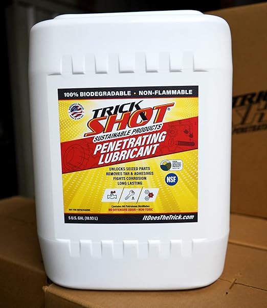 Trick Shot - 3-in-1 Penetrating Lubricant Oil - Biobased Food Grade Industrial Oil for Parts, Rust and Corrosion Remover, Anti-Seize Lubricant Protects Metal Surfaces, Degreases & Cleans - 5-Gallon